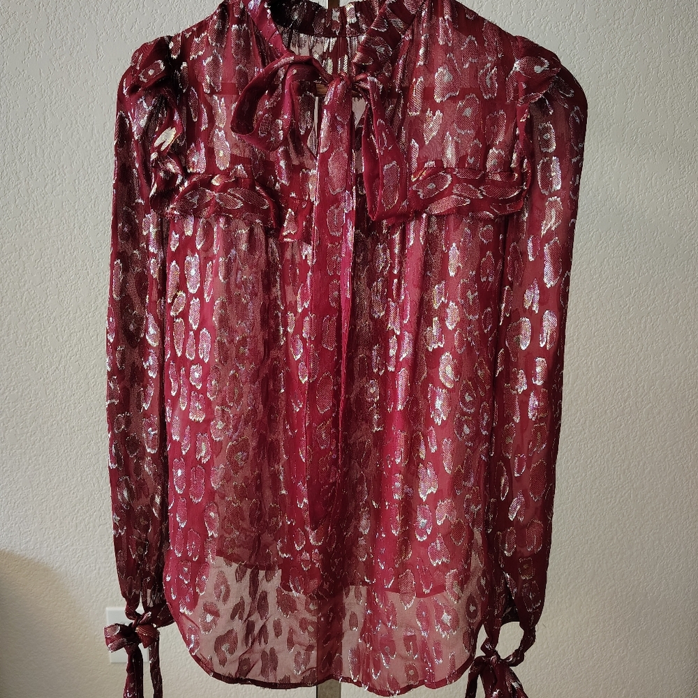 Veronica Beard Women's Brooks Burgundy Metallic Print Silk Blouse- Size 2 Small - Picture 6 of 7